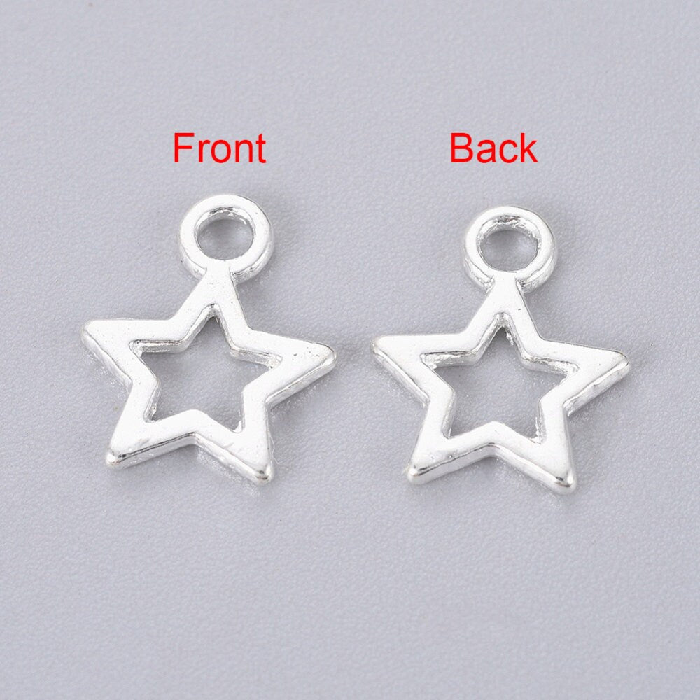 Tiny Tibetan style metal alloy star charms, silver tone, 10mm x 12mm x 2mm, hole approximately 2mm