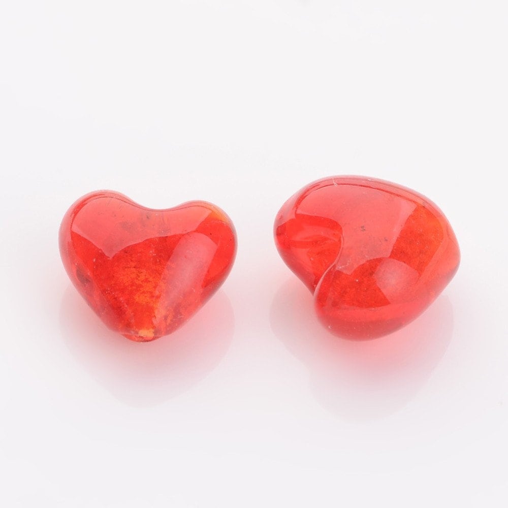 Handmade glass heart beads, red with gold foil, 12mm x 12mm x 8mm, hole approximately 2mm