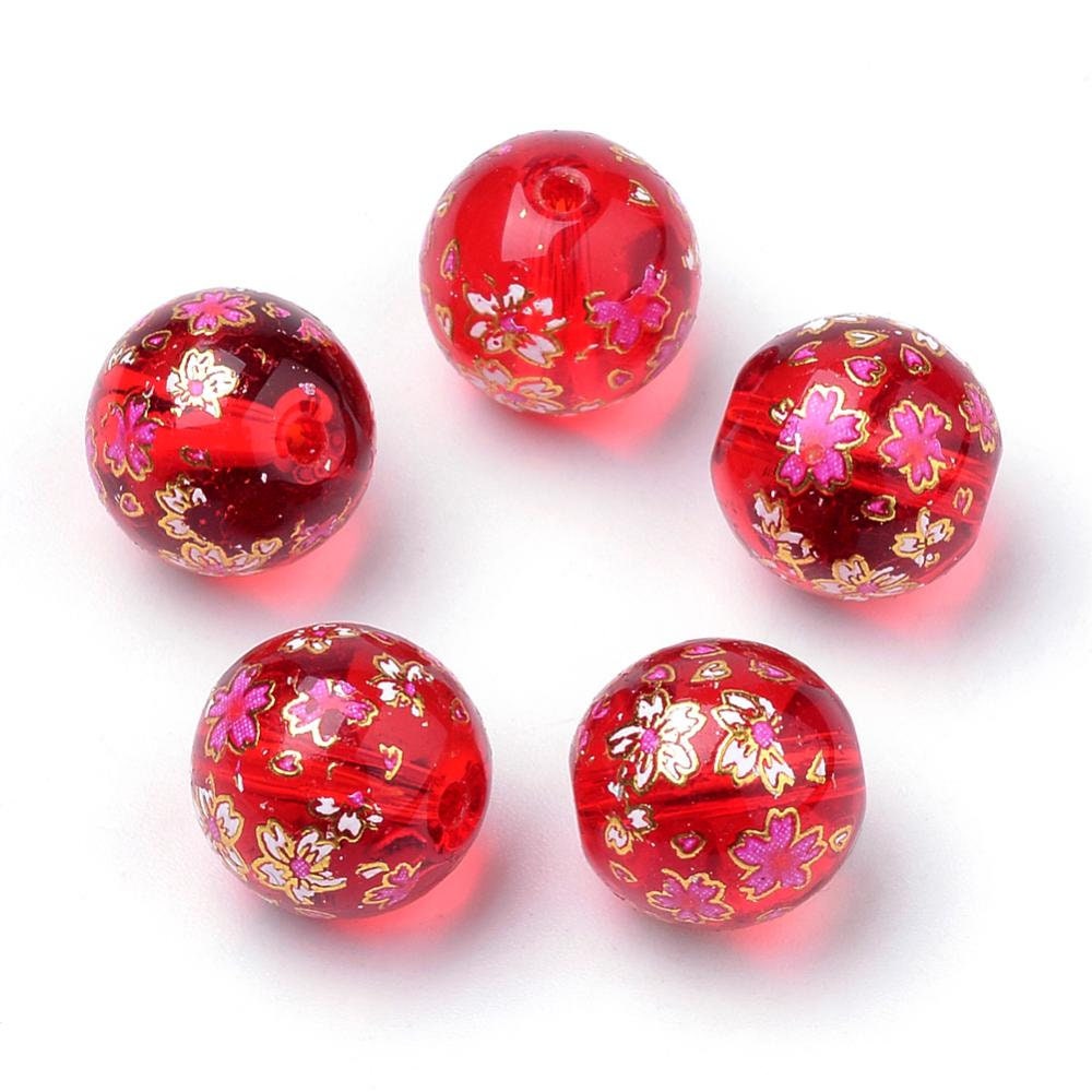 6 colours available, 5 glass beads with delicate pink, white & gold floral pattern, round, drilled, approximately 11mm, hole 1.5mm