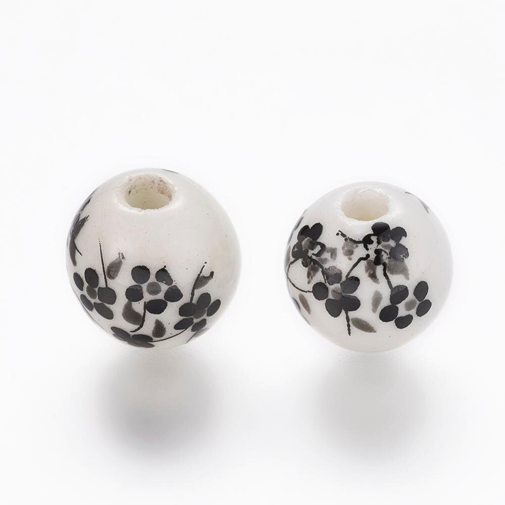 20 x handmade flower floral printed 8mm porcelain ceramic beads, round, black & white, drilled (hole approximately 2mm)