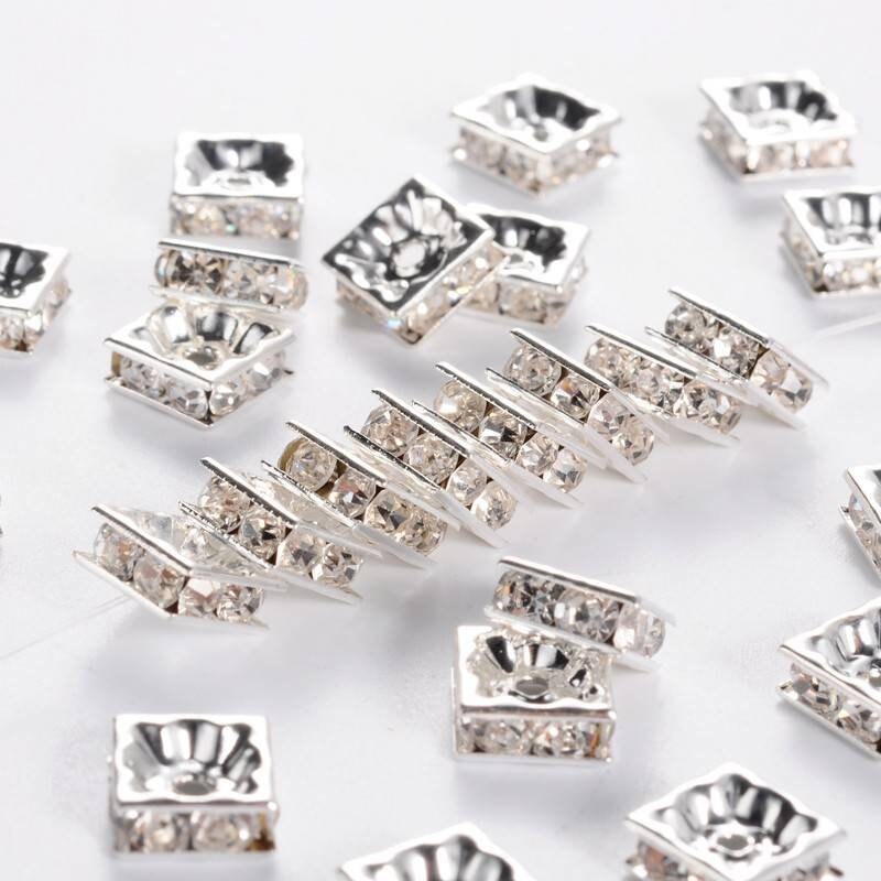 20 x square silver plated brass grade A clear white rhinestone spacer beads, 8mm x 8mm x 4mm, 1mm hole