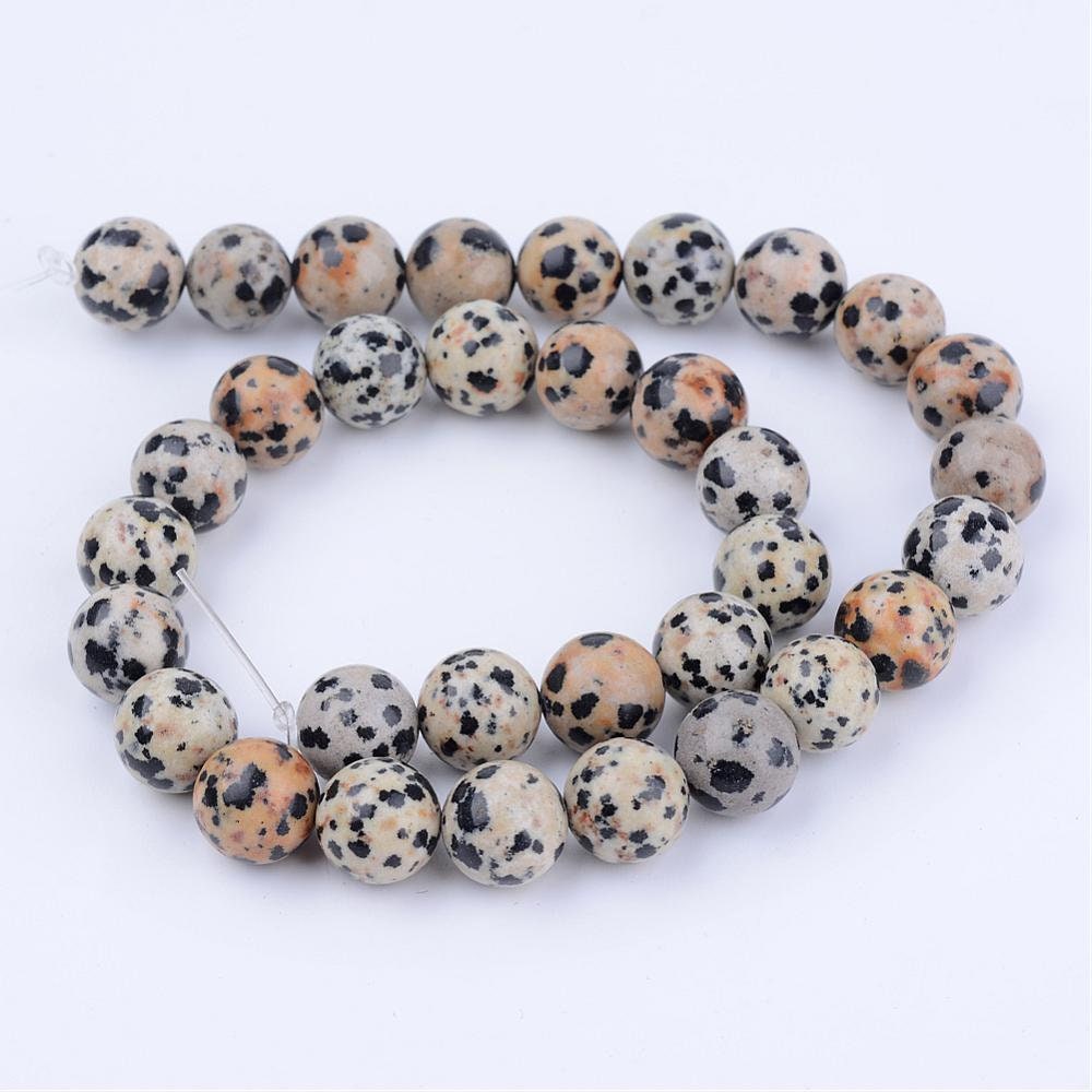 1x strand (approx. 58 beads) natural undyed dark cream and black mottled dalmation jasper beads, approx. 6mm with 1mm hole