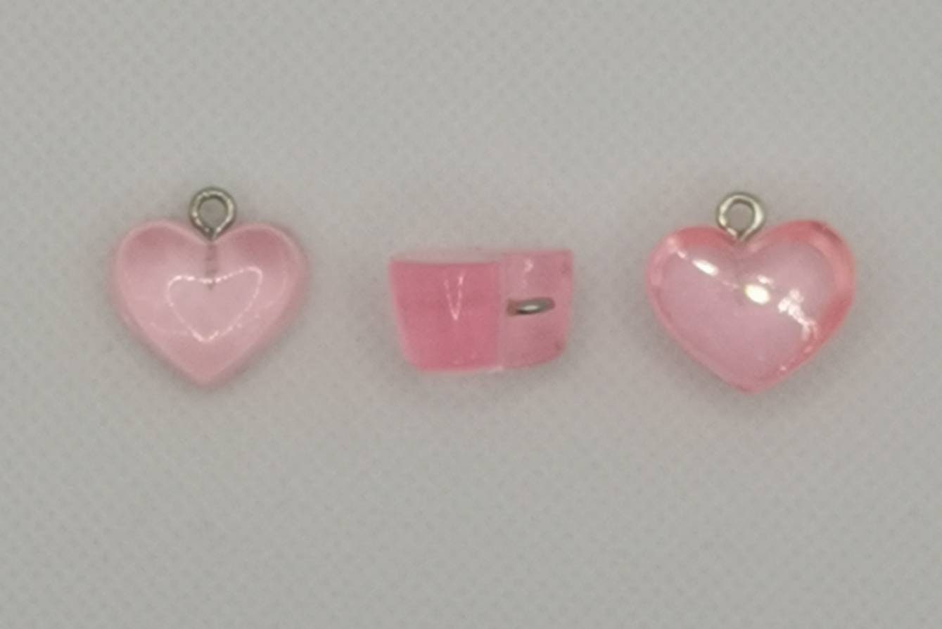 5 x resin heart pendants, translucent, silver tone loop, various colours, approximately 16.5mm x 17mm x 9.5mm, hole approx 1.8mm