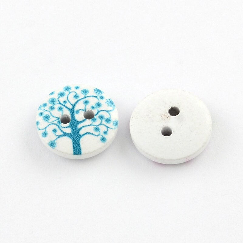 White wooden buttons, flat, mixed colours with tree pattern, 15mm x 4mm, holes approx. 2mm