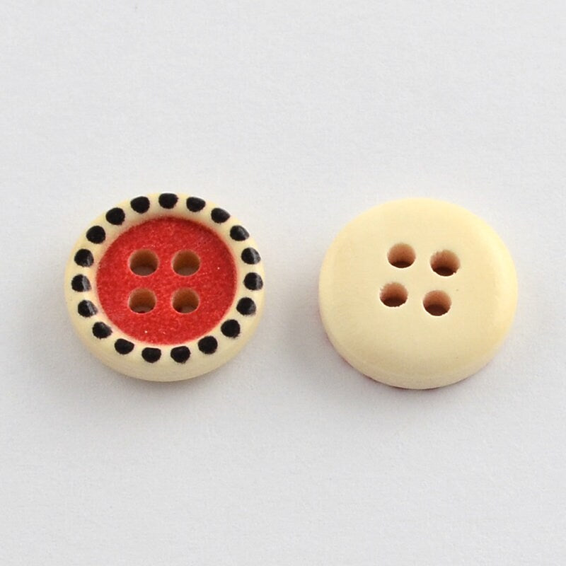 Printed wooden buttons, flat, mixed colours, 15mm x 4mm, holes approx. 2mm