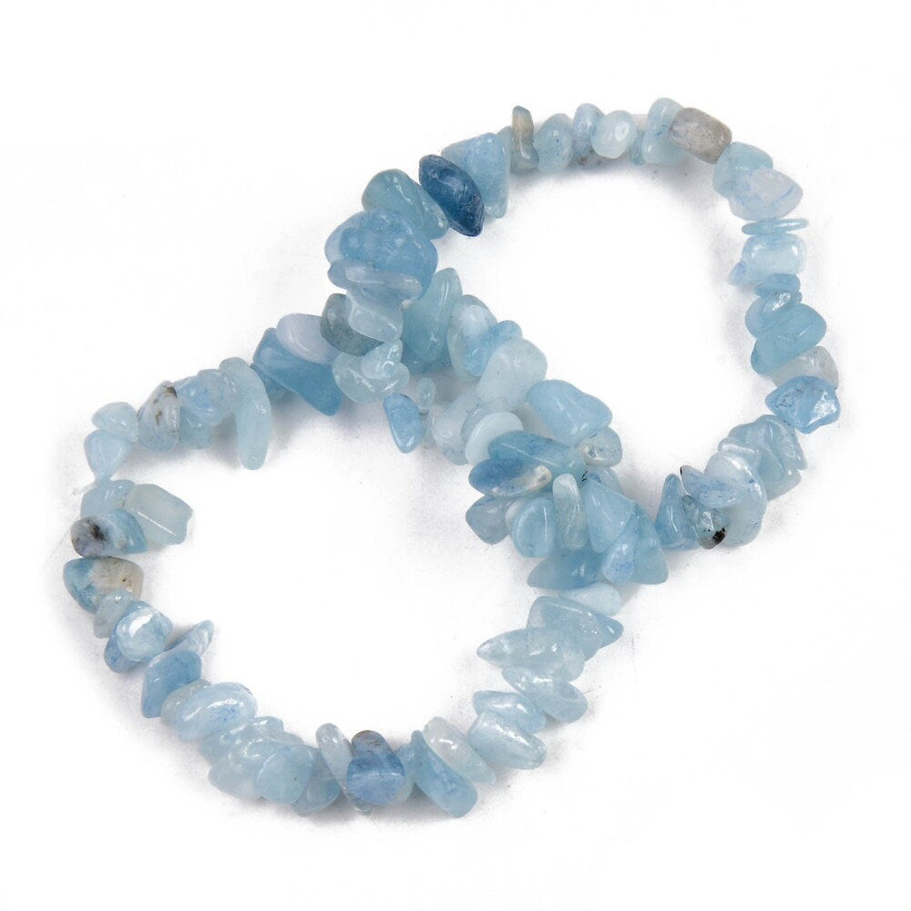 Aquamarine chip bracelet, natural undyed stone, pale blue, elastic stretch, one size