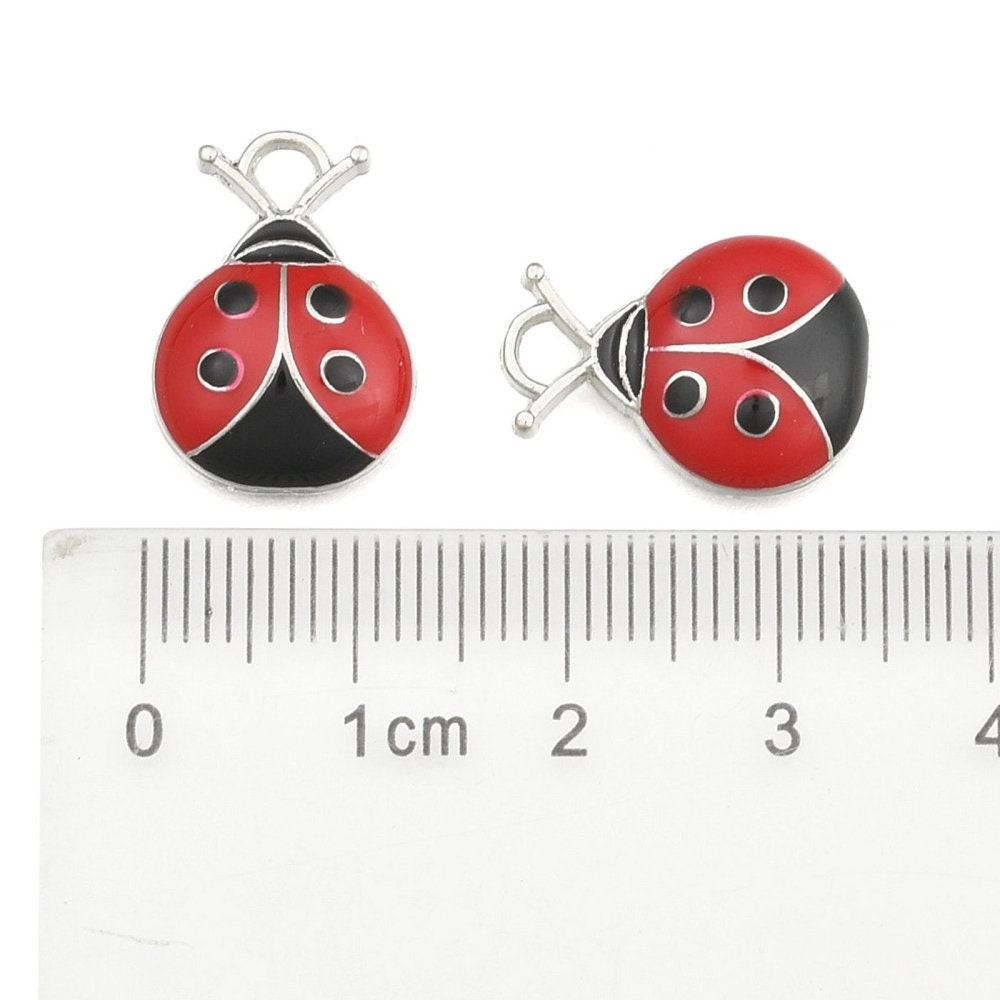 5 x ladybird / ladybug metal and enamel pendants, red and black, silver tone back, size approximately 17.5mm x 12.5mm x 4mm, hole 2mm