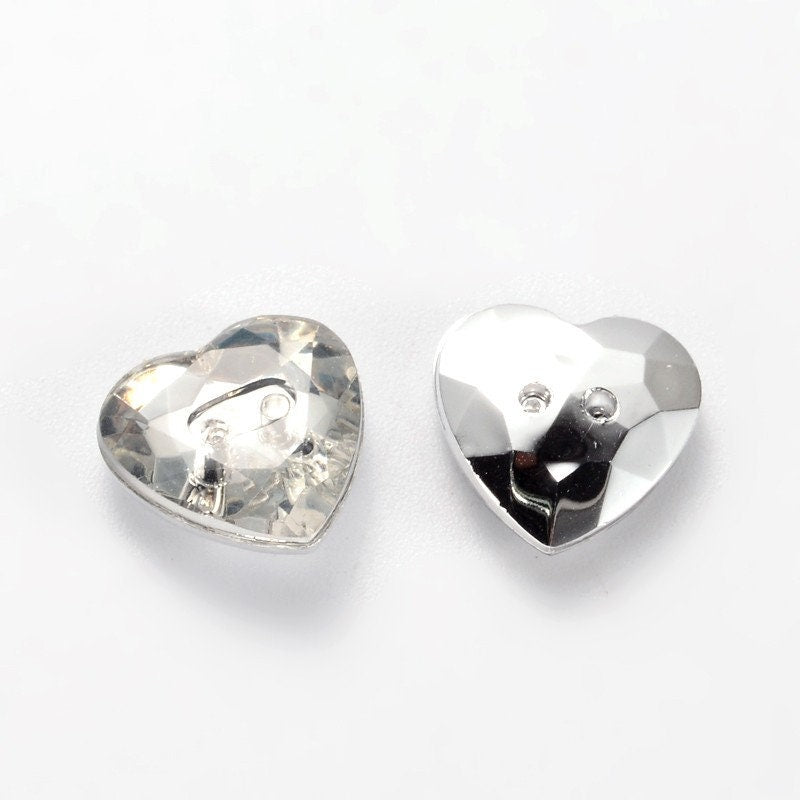 8 x sparkly heart shaped buttons, clear with silver tone back, 2 hole, 11mm x 11mm x 4mm, holes approximately 1mm