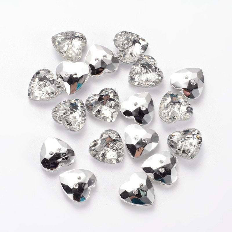 8 x sparkly heart shaped buttons, clear with silver tone back, 2 hole, 11mm x 11mm x 4mm, holes approximately 1mm