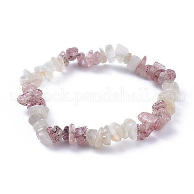 Natural white moonstone and pink strawberry quartz chip stretch elastic bracelet, inner diameter approximately 4.5cm