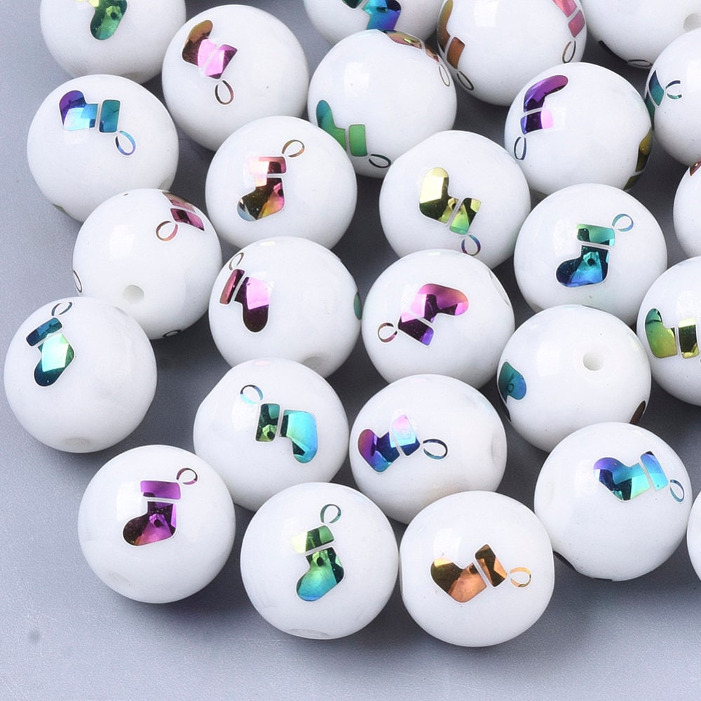 Christmas opaque glass beads, round with electroplate bell / stocking pattern, multi-colour plated, 10mm, hole: 1.2mm