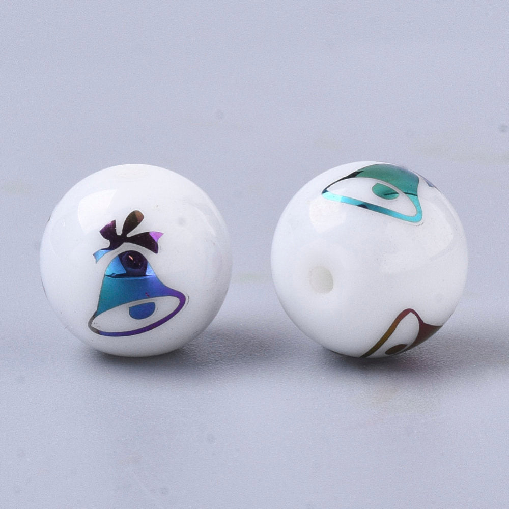 Christmas opaque glass beads, round with electroplate bell / stocking pattern, multi-colour plated, 10mm, hole: 1.2mm