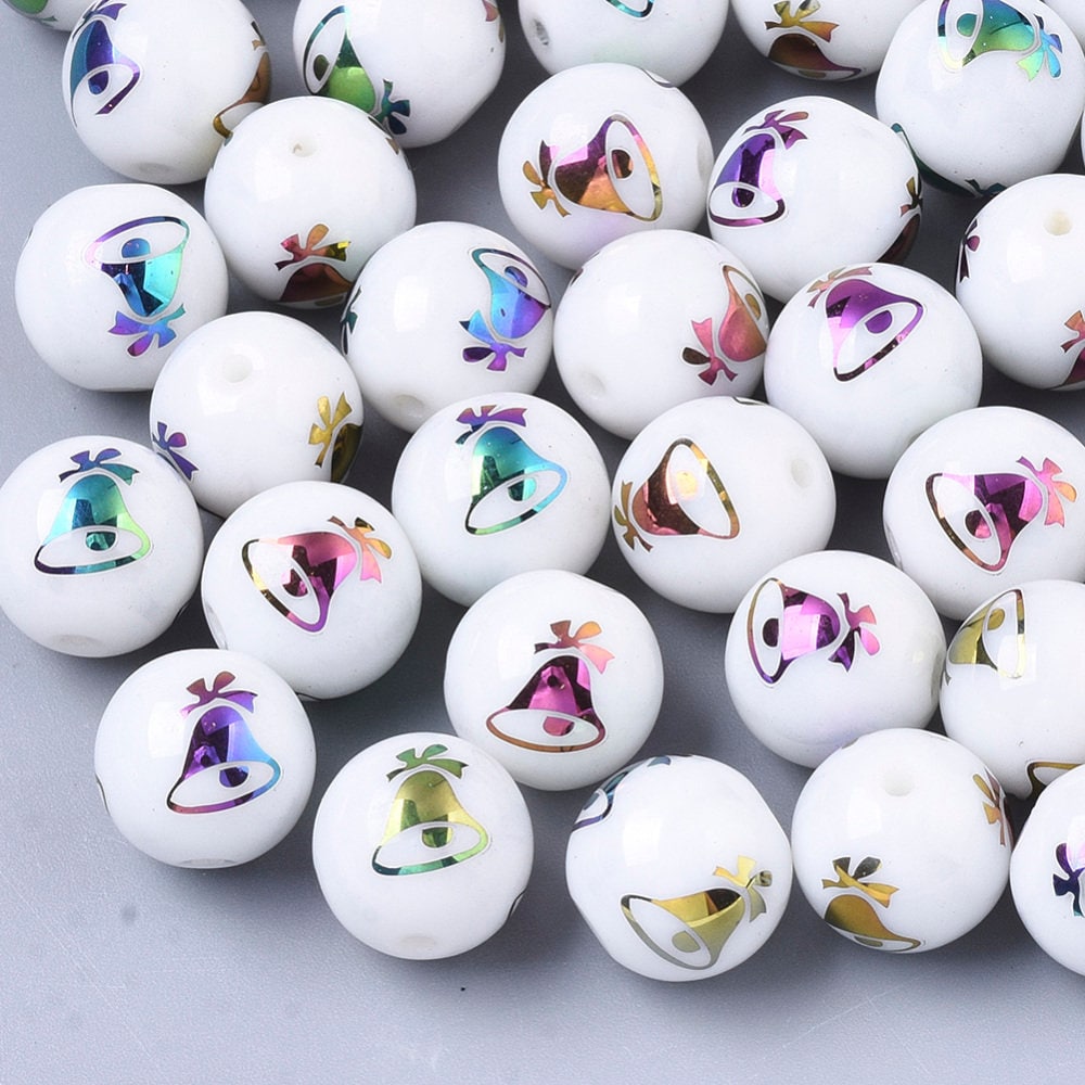 Christmas opaque glass beads, round with electroplate bell / stocking pattern, multi-colour plated, 10mm, hole: 1.2mm