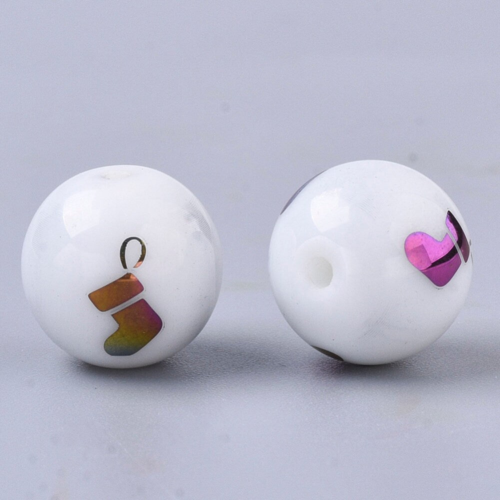 Christmas opaque glass beads, round with electroplate bell / stocking pattern, multi-colour plated, 10mm, hole: 1.2mm