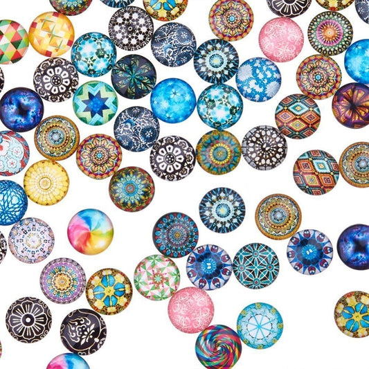 20 x small mosaic printed glass half round / dome cabochons, mixed colours & designs, 12x4mm