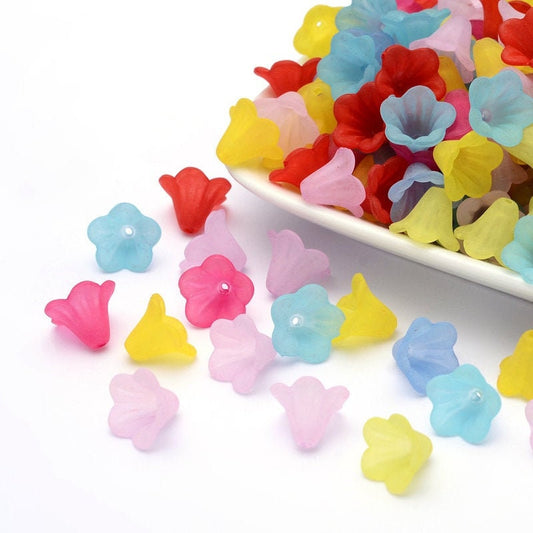 Colourful opaque acrylic tulip trumpet flower beads, mixed colours, approx 15mm wide, 10mm long, drilled, hole approximately 1.5mm