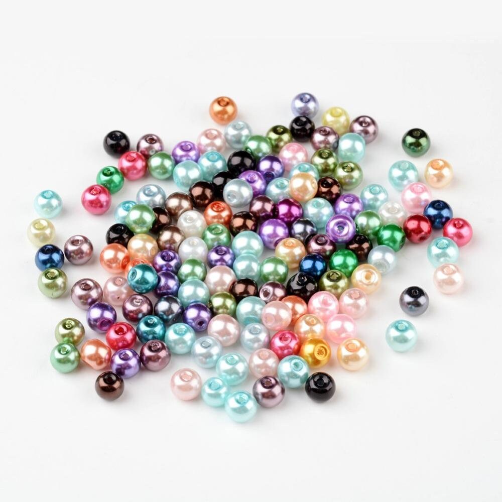 2 sizes 100 x 6mm & 8mm multicoloured round glass faux pearl beads, drilled, hole approximately 1.2mm