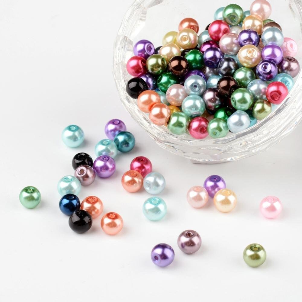 2 sizes 100 x 6mm & 8mm multicoloured round glass faux pearl beads, drilled, hole approximately 1.2mm