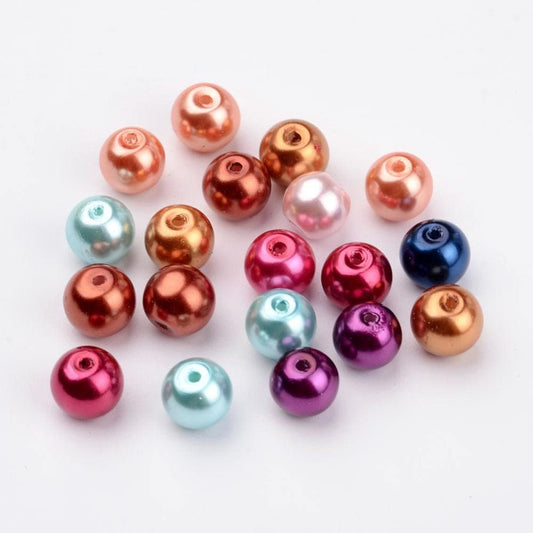 2 sizes 100 x 6mm & 8mm multicoloured round glass faux pearl beads, drilled, hole approximately 1.2mm