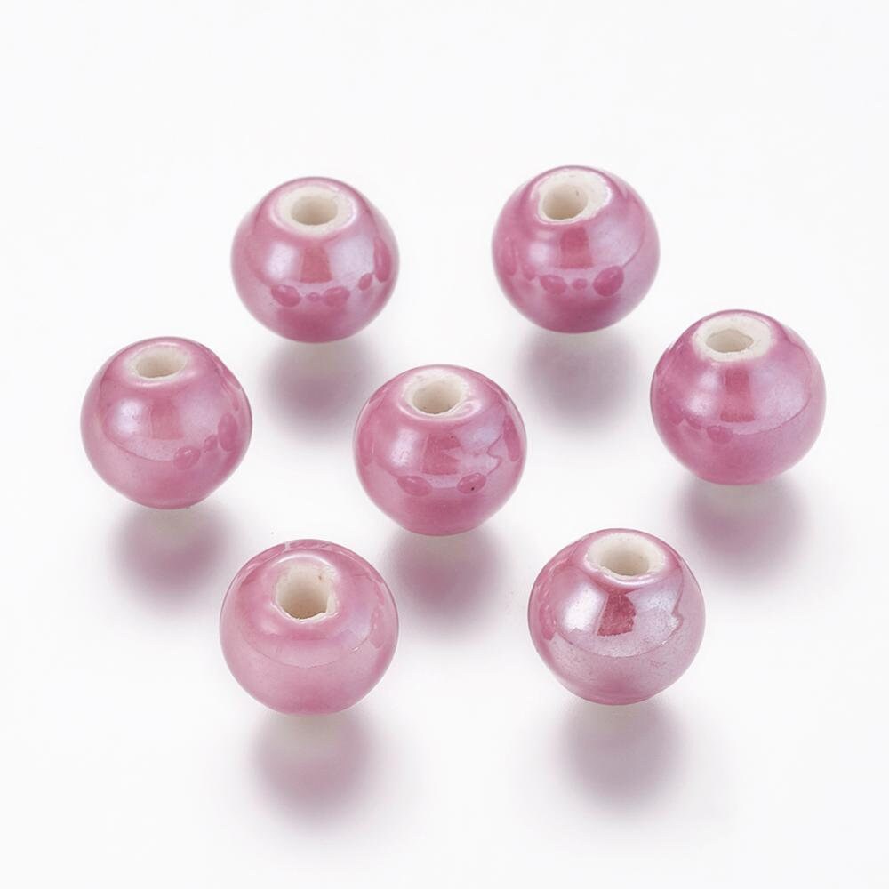 20 x blue, mauve, white handmade pearlised porcelain 10mm beads, round, drilled (hole approximately 2-3 mm)