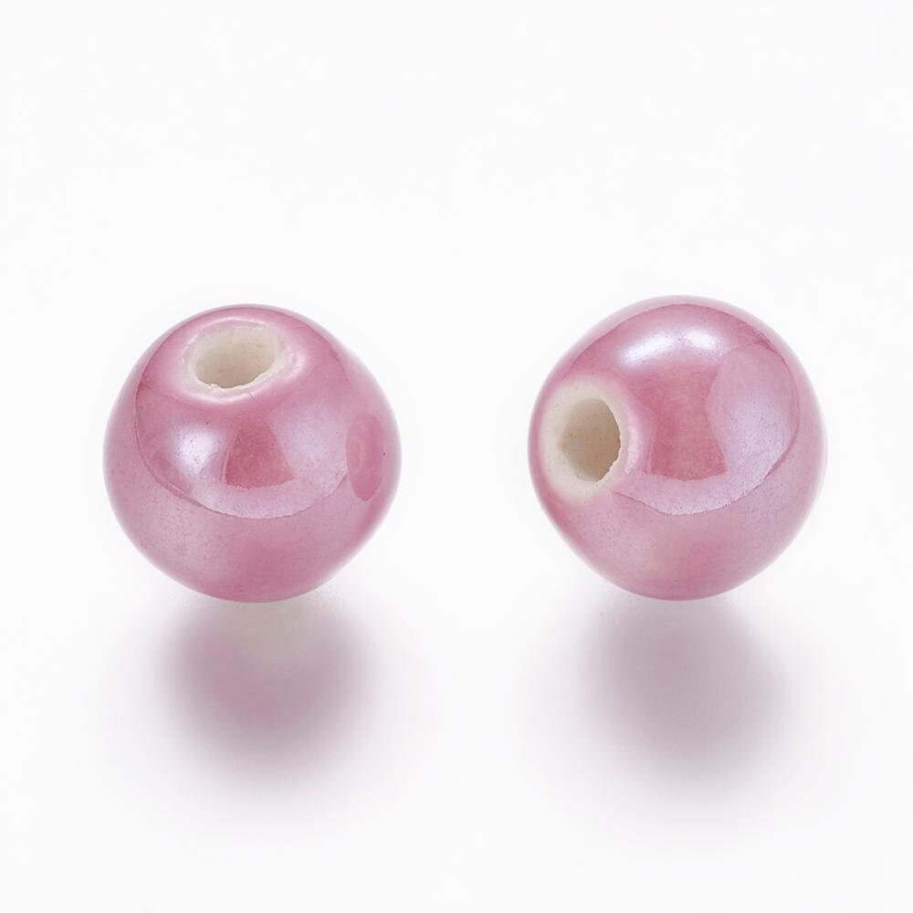 20 x blue, mauve, white handmade pearlised porcelain 10mm beads, round, drilled (hole approximately 2-3 mm)