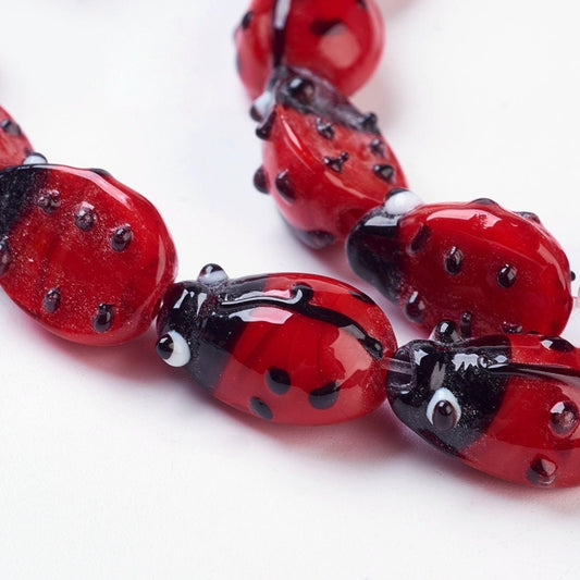 Wholesale (400) loose handmade ladybirds, ladybugs, lampwork glass beads, red & black, approximately 9.5mm x 13mm x 6mm, hole approx 1-2mm
