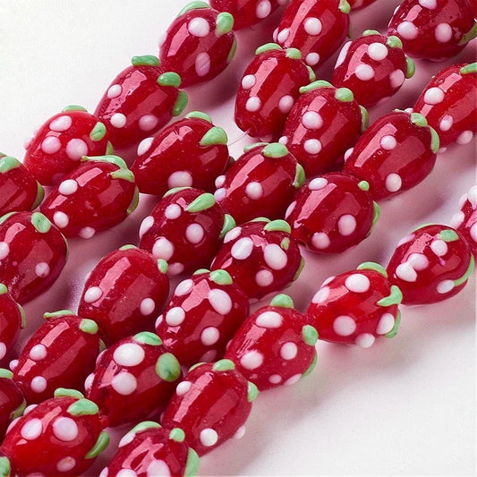 100 x handmade strawberry glass lampwork beads, red with white & green decoration, approximately 12.5mm x 10mm, drilled hole approx 2mm