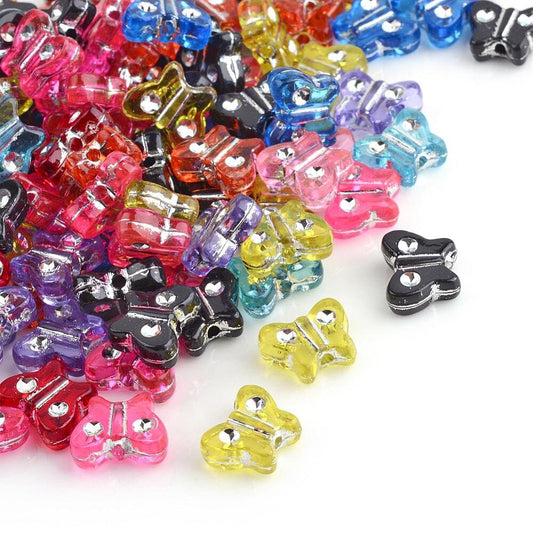 100 acrylic small shiny butterfly beads, mixed colours, 11mm x 7mm x 4mm, drilled, hole approximately 1.5mm, silver tone embellishment