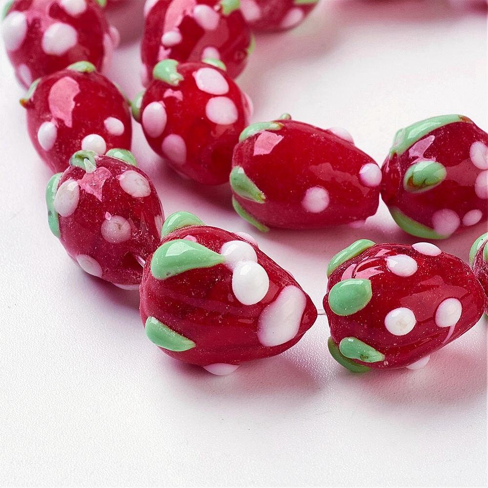100 x handmade strawberry glass lampwork beads, red with white & green decoration, approximately 12.5mm x 10mm, drilled hole approx 2mm