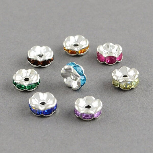 20 x round silver plated brass grade A multicoloured rhinestone spacer beads, 7-8mm diameter, 3mm thick, 1.5mm hole