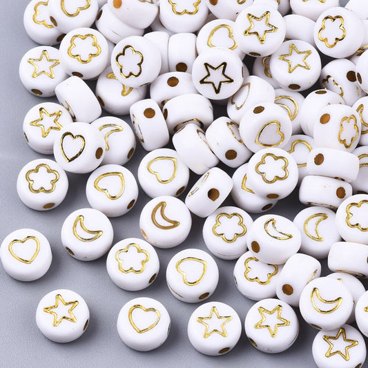 100 x small white & gold opaque round beads, printed moons, stars, hearts, flowers, approximately 7mm x 4mm, drilled