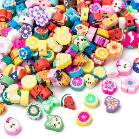 Polymer clay beads, cute animals, fruits, characters, flowers, shapes, sized approximately 7 - 12 mm x 7 - 12 mm x 4mm, drilled hole
