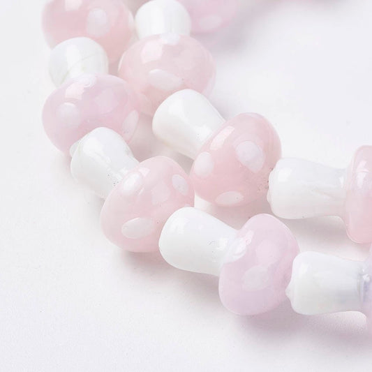 Tiny handmade mushroom toadstool shaped lampwork beads, pale pink & white, drilled, approx 13mm x 10mm