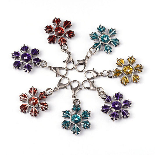 5 x alloy & enamel pendants, Christmas, snowflake, lobster claw clasps, silver tone, mixed colours, approximately 37mm