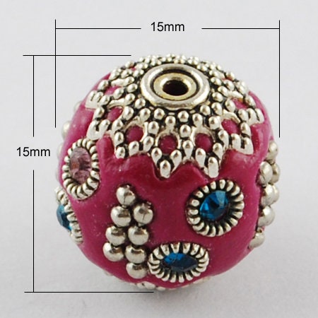5 x Handmade Indonesian Beads, Tibetan Silver & Polymer Clay, Red, Alloy Core, Diameter approx 15mm, drilled hole: 2mm