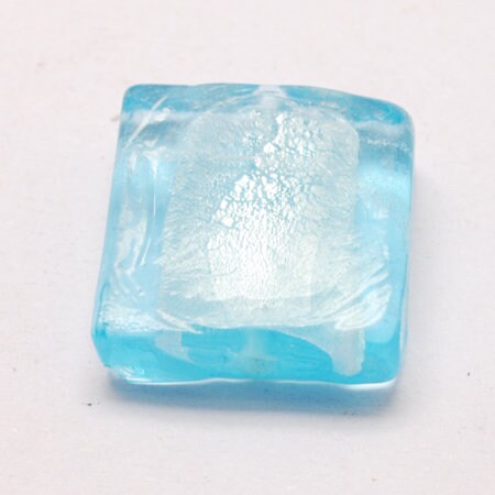 5 handmade square lampwork pale blue beads with silver foil, drilled, approximately 12x12x6mm