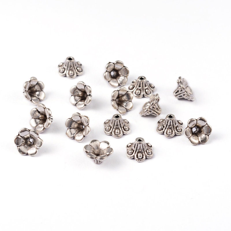 Tibetan style antique silver tone bead caps, flower / tulip style, 10mm x 6mm, hole: 2mm