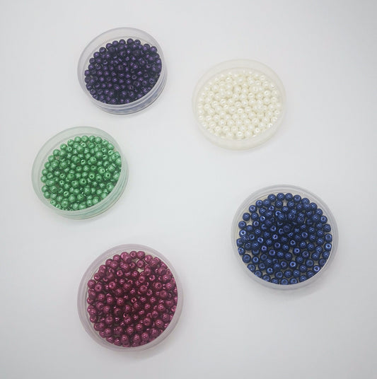 100 x tiny 4mm glass pearl beads, satin finish, dark pink, green, cream, dark blue, dark purple, drilled, hole approximately 0.8mm