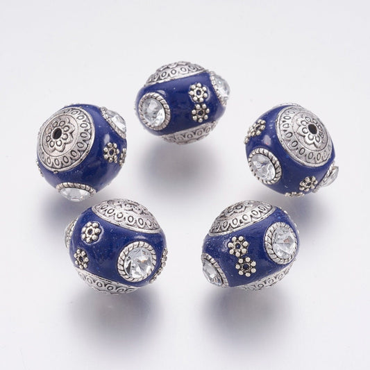 5 x Handmade Indonesian Beads, Tibetan Silver & Polymer Clay, Dark Blue, Size approx 18mm long, 20mm in diameter, drilled hole: 2mm