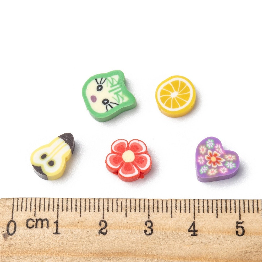 Polymer clay beads, cute animals, fruits, characters, flowers, shapes, sized approximately 7 - 12 mm x 7 - 12 mm x 4mm, drilled hole