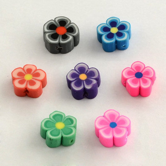 100 drilled handmade polymer clay beads, flowers, multi coloured, sized approximately 6-8mm x 4mm, drilled hole approx 2mm