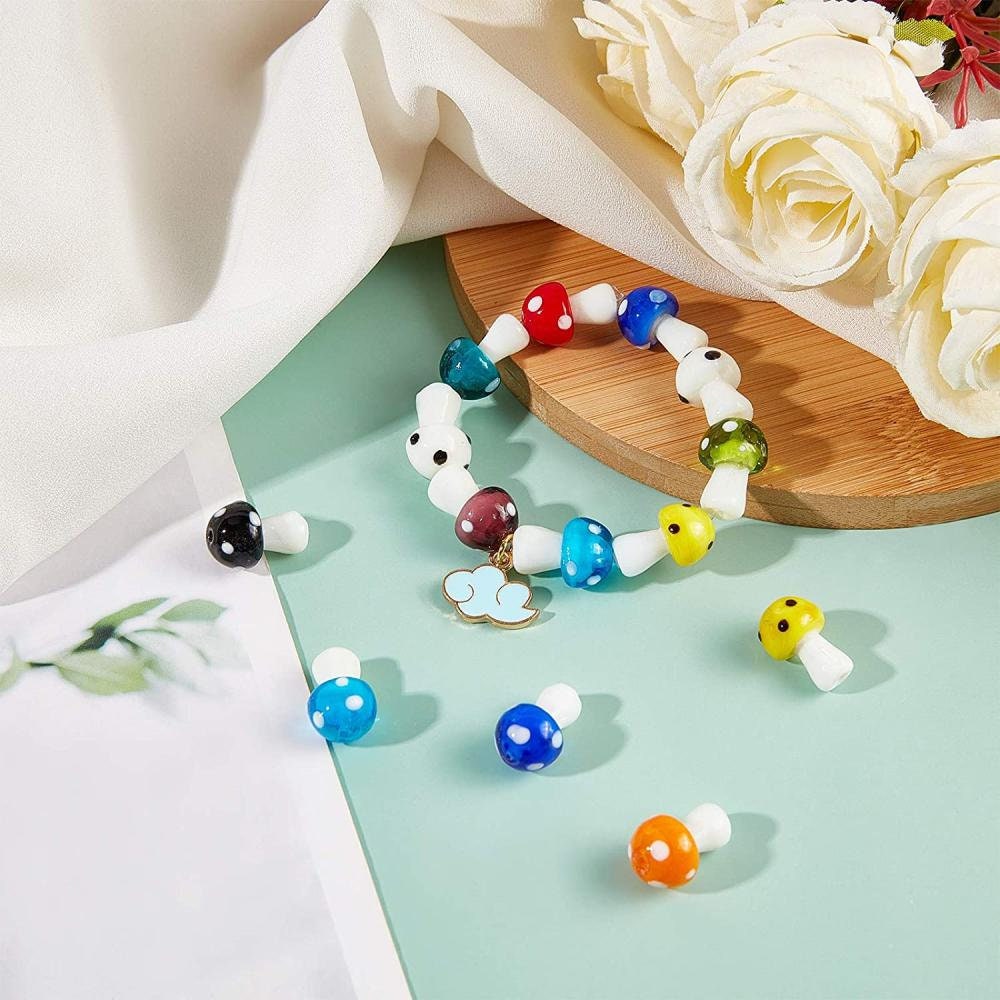 10 x handmade porcelain mushroom toadstool shaped lampwork beads, mixed colours, drilled, approximately 16mm x 12mm, approximate hole: 2mm