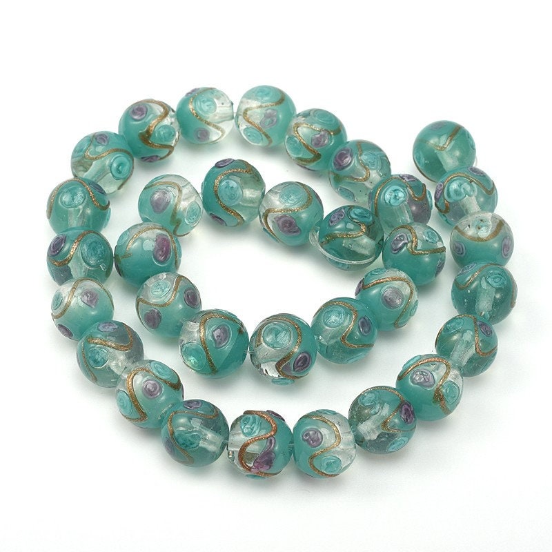 2 round handmade glass textured lampwork beads, turquoise & green, purple floral, gold sand swirl, drilled, approx 12mm, approx hole 2mm