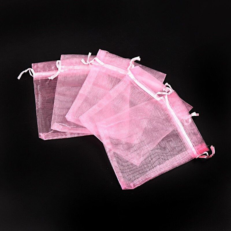 25 x pink organza gift bags, rectangular,12cm x 10cm, matching ribbon drawstring