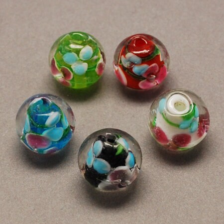 10 x handmade round inner flower mixed colour lampwork beads, 12mm, drilled, hole approximately 2mm