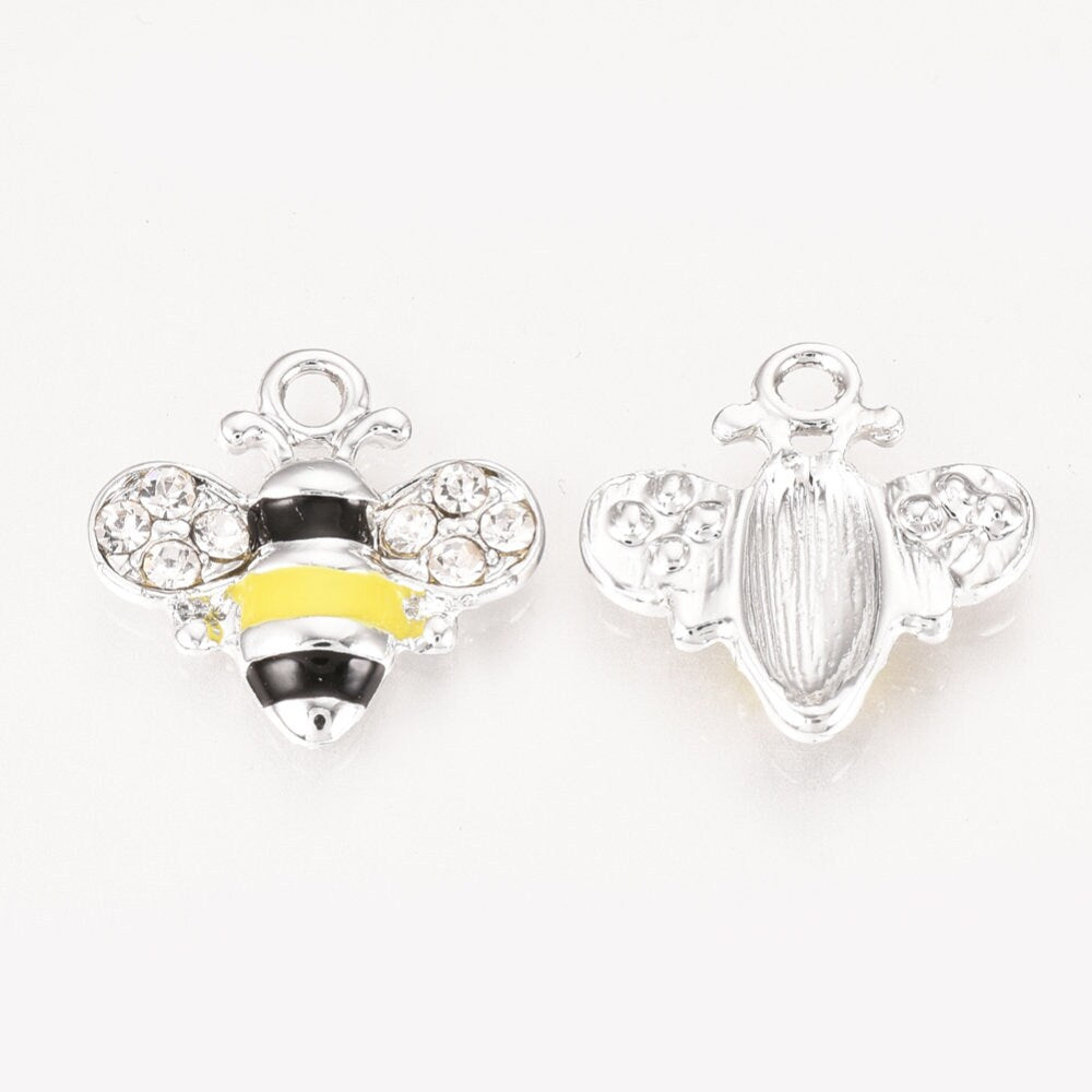 10 x rhinestone & enamel bee flat backed pendants / charms, alloy, with black and yellow stripes, silver tone, approx 18mm x 18mm x 3mm