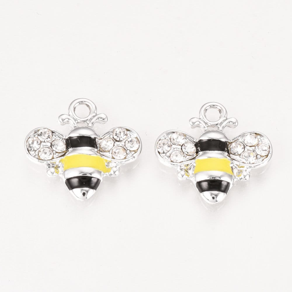 10 x rhinestone & enamel bee flat backed pendants / charms, alloy, with black and yellow stripes, silver tone, approx 18mm x 18mm x 3mm