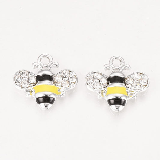 10 x rhinestone & enamel bee flat backed pendants / charms, alloy, with black and yellow stripes, silver tone, approx 18mm x 18mm x 3mm
