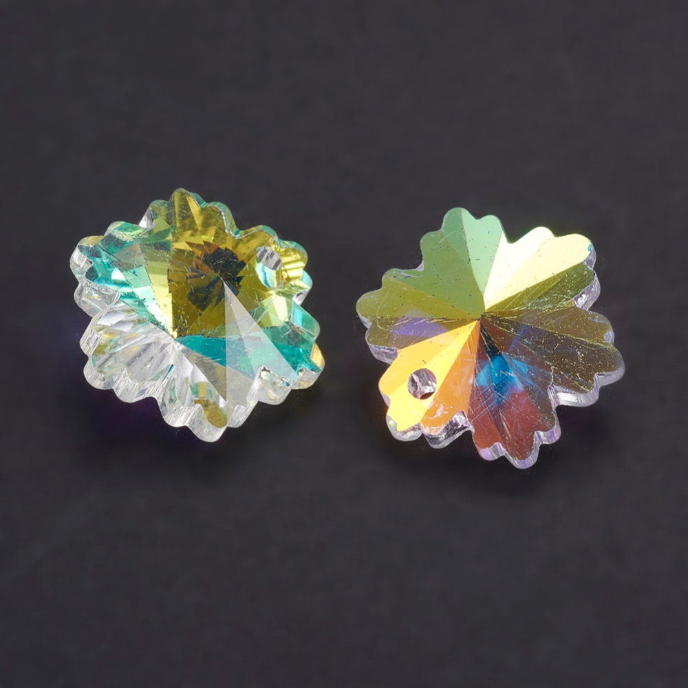 10 x glass snowflake pendants, AB coated for subtle sheen, 14mm diameter, single 0.5mm hole drilled at top