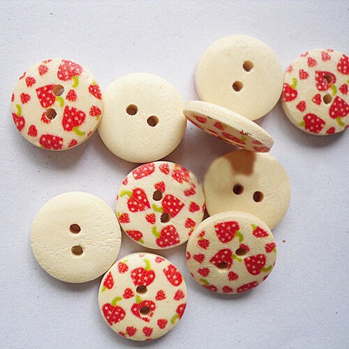 8 x 15mm small round strawberry pattern wooden buttons, 2 hole